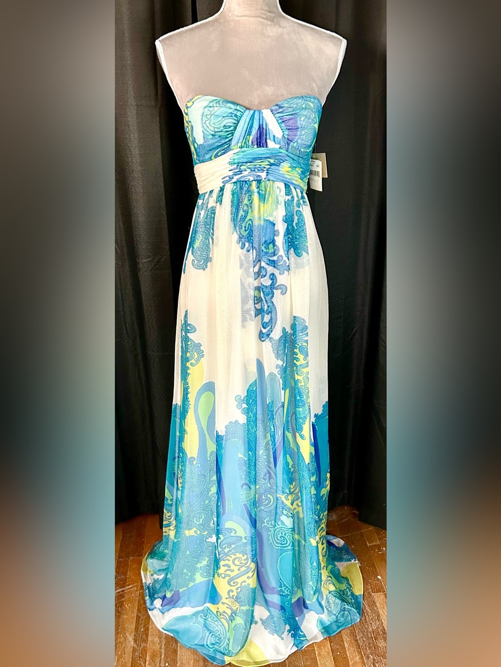 NWT Aidan White, Blue Paisley Sparkly Sheer Overlay Strapless Gown, Size 4